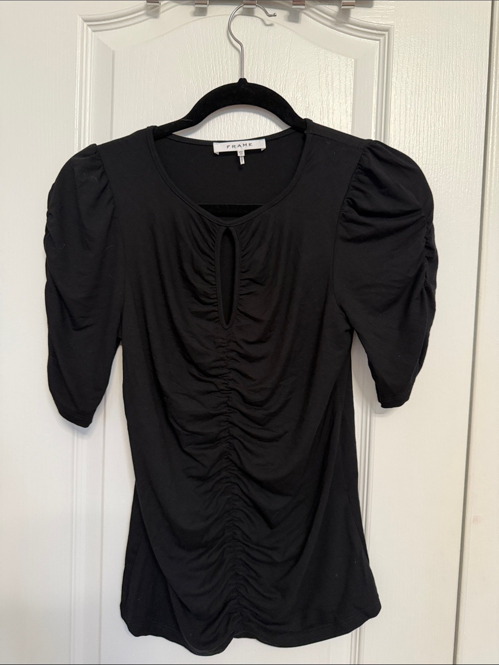 FRAME Shirred Keyhole Knit Top Black Blouson Sleeve Stretch - Picture 3 of 6
